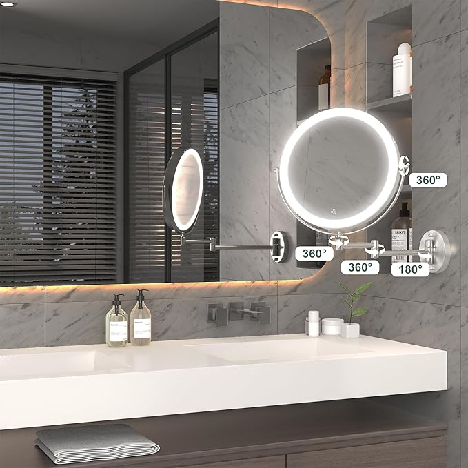 Hasipu 8.5-Inch Wall Mounted Makeup Mirror with Magnification, Rechargeable 2000 mAh Vanity Mirror with Lights, Bathroom Mirror with Dimmable Brightness, 3 Lighting Modes, Extendable Arm, Nickel