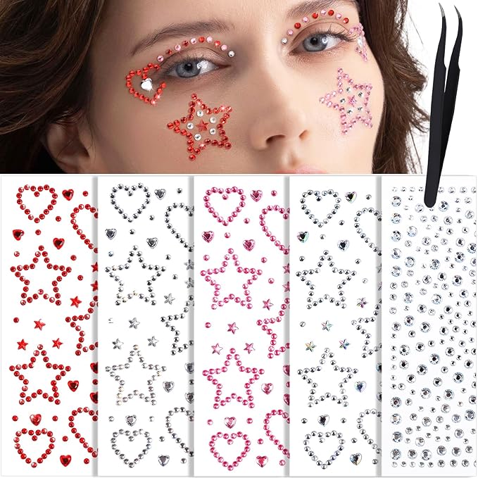 YGDZ Face Gems, Face Rhinestones Star Heart Self Adhesive Hair Gems, Festival Jewels Stickers Stick on, Rave Accessories, Face Jewels for Kids, Women