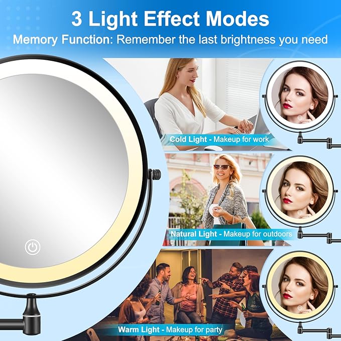 9" Rechargeable Wall Mounted Lighted Makeup Mirror, Double Sided 1X/10X Magnifying Mirror with 3 Color Lights Dimmable, Bathroom Mirror with Hook, Black