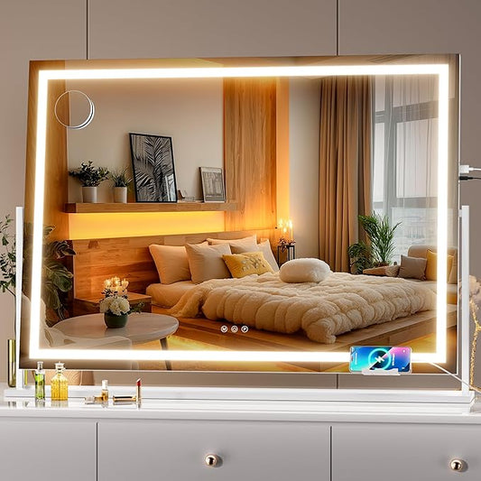 Hasipu Vanity Mirror with Lights, 39.4" x 28.3" LED Makeup Mirror, Light up Mirror with 10X Magnification and Phone Holder, USB Charging Port, Smart Touch 3 Colors Dimmable (White)