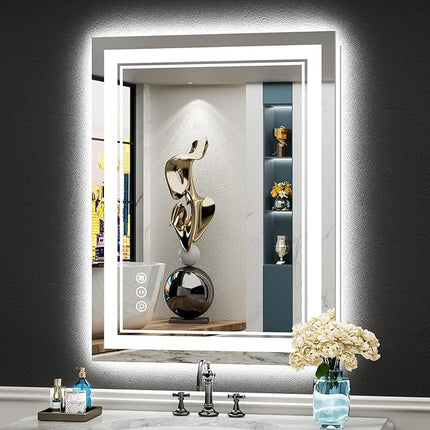 24x32 LED Bathroom Mirror with Lights, Backlit and Front Lit, Anti-Fog Lighted Vanity Mirrors for Bathroom Wall, Dimmable, 3-Color Light, Memory, Shatter-Proof, HD Tempered Glass, CRI＞90