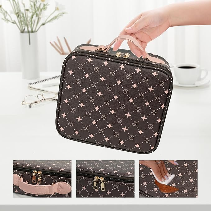 Travel Makeup Bag,Waterproof Cosmetic Organizer, Adjustable Dividers,Portability Cosmetic Train Case,Makeup organizer,Gift for Women,Girls Gift (Coffee+Pink)