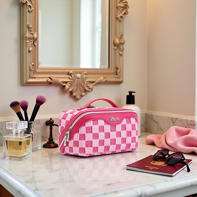 BOYATU Travel Makeup Bag for Women: Large Cosmetic Bag Set of 3 - PU Leather Make up Bag with Compartments - Compact Waterproof Toiletry Bag with Divider & Handle (C-04Red)