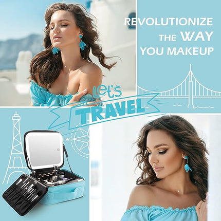 MOMIRA Travel Makeup Bag Cosmetic Bag Makeup Organizer Bag with Lighted Mirror, Adjustable Brightness in 3 Color Scenarios, Waterproof Makeup Train Case, Gift for Women - Diamond Blue