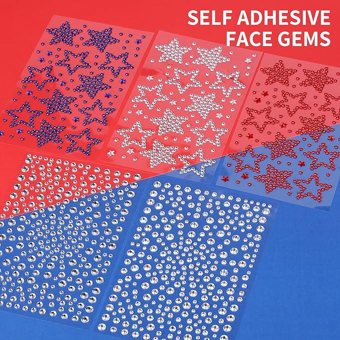 Teenitor 4th of July Star Face Gems, Self Adhesive Face Jewels For Women, Gem Stickers Face Rhinestones, Star Rhinestone Stickers 4th of July Accessories for Face, Body, Hair