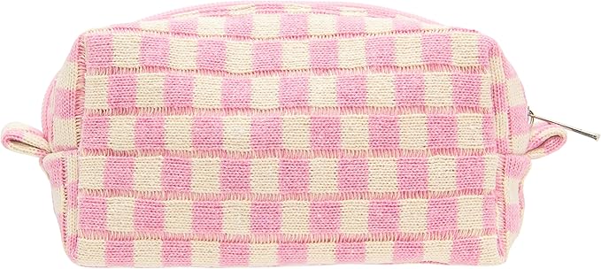 PAZIMIIK Checkered Makeup Bag for Purse Portable Zipper Make Up Pouch Small Cosmetic Case for Travel Accessories Pink Beige