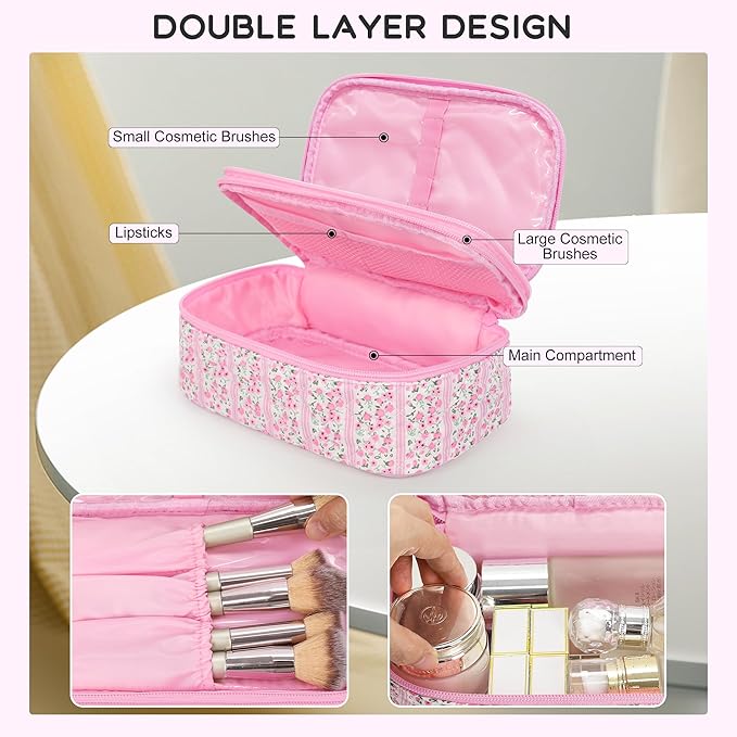 Relavel Cute Makeup Bag for Girls, Portable Pink Cosmetic Bag, Dual-layer Makeup Pouch with Brush Holder, Multi-Functional Preppy Toiletry Organizer for Travel, Daily Use - Pink Flower