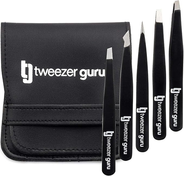 Tweezers Set 5-piece - Tweezer Guru Stainless Steel Slant Tip and Pointed Eyebrow Tweezer Set - Great Precision for Facial Hair, Ingrown Hair, Splinter and Blackhead Remover (Black) (5-Pack)