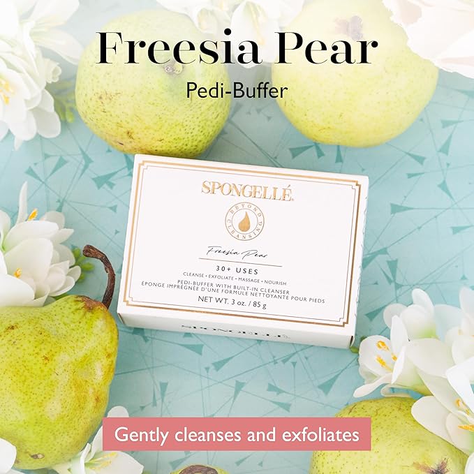 SPONGELLÉ Freesia Pear Pedi-Buffer with Built-In Cleanser - Exfoliates, Softens & Smooths Feet for Spa-Like Pedicure Experience, 30+ Uses