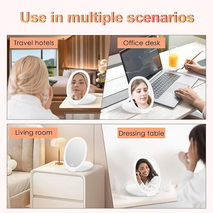 Travel Makeup Mirror with Light: 3 Color Lighting Portable Mirror with Touch Screen Rechargeable Adjustable LED Lights Hexagon Vanity Mirror for Travel, Desk, Home (Round White)