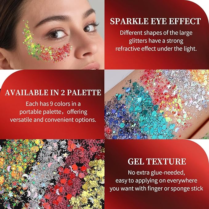FANDAMEI Star&Moon Face Glitter, Body Glitter Hair Glitter for Glitter Makeup, 2 PCS Glitter Gel 18 Grids for Body&Hair for Kids Women, Halloween Rave Party Face Paint