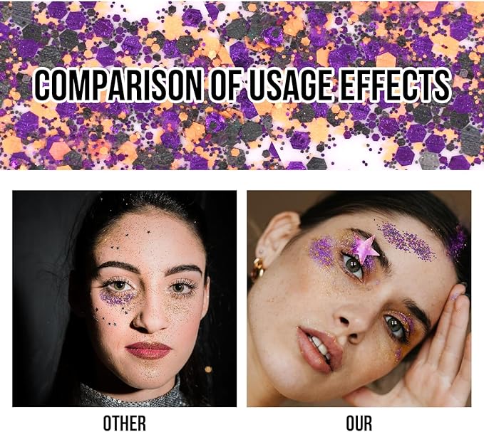 Brzeaf Orange Purple and Black Body Glitter Stick, Shimmery& Long Lasting, Halloween Hair Eyeshadow Face Body Glitter, Singer Concert Music Rave Festival, Glitter Stick Makeup & Face Glitter Gel