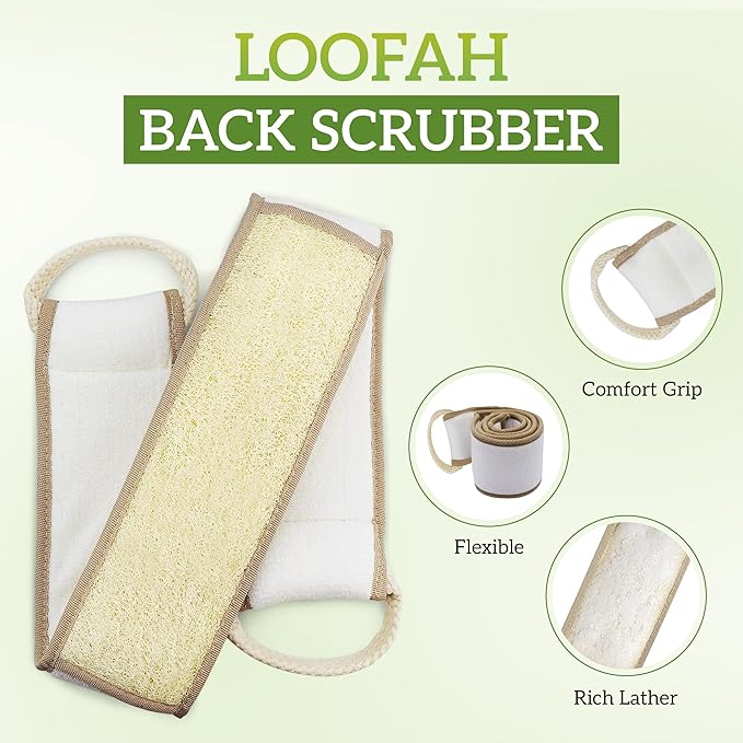 Natural Loofah Back Scrubber (Pack 4) - Exfoliating Sponge for Shower - Loofah Clean Back Deeply - Vegetable Scrubber for Men Women - 100% Biodegradable Compostable Plastic Free (Each 31.5" x 11.8")