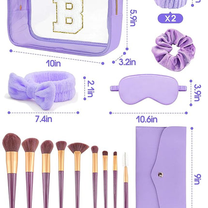 Gift Sets for Women, Initial Makeup Bag with Makeup Brush Set Bachelorette Party Favors, Purple Spa Kit with Skincare Headbands Wrist Bands Sleepover Party Supplies Gifts for Teen Girls Bridesmaid B