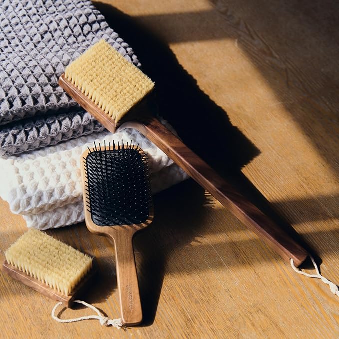 Luxury Natural Walnut Wood Boar Bristle Body Brush | Exfoliating & Detoxifying for All Skin Type | Sweeps Away Dead Skin Cells for Luminous, Smooth Skin | for Wet and Dry Use (Handheld)