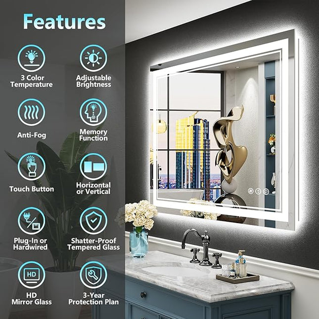 40x36 LED Bathroom Mirror with Lights, Backlit & Front Lit, Anti-Fog Lighted Vanity Mirror for Bathroom Wall, 3 Colors, Dimmable, Memory, Shatter-Proof, HD Tempered Glass, Horizontal/Vertical