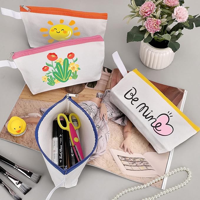 10 Pieces Cotton Canvas Makeup Bag with Bottom and Strap, Multi-Purpose Cosmetic Bag with Zipper Travel Toiletry Pouch, Blank DIY Craft Bag Pencil Bag (Multicolor 01, M) (MN-WB07)