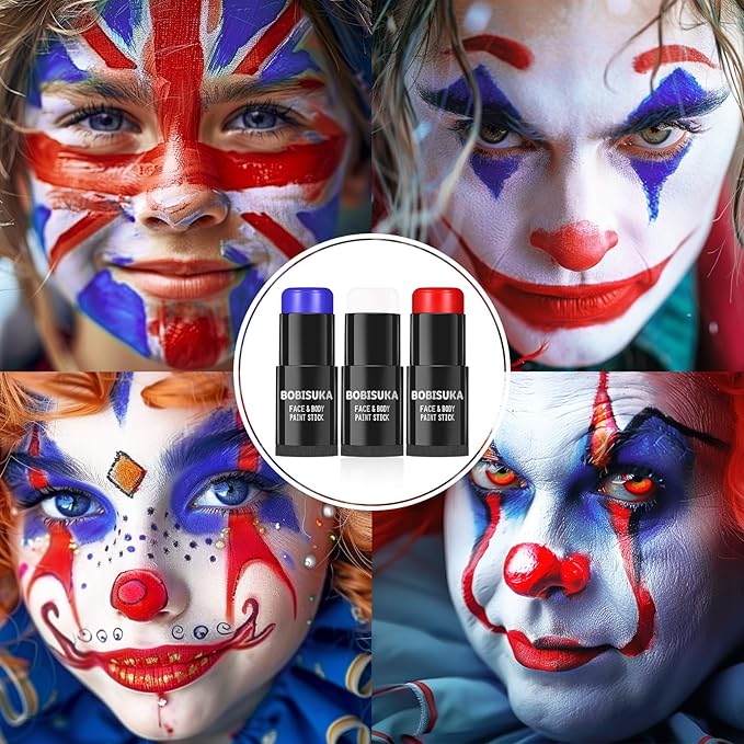 BOBISUKA Red White Blue Face Paint Stick Kit, Eye Black Sticks for Football Baseball Softball Lacrosse American-Flag, Body Paints Makeup Kit for Halloween Cosplay Special Effects Costume SFX