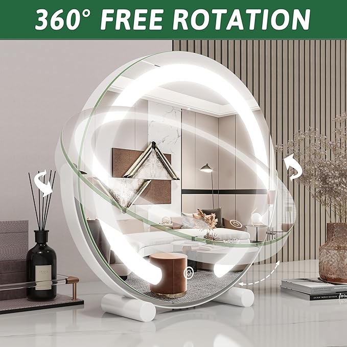 Vanity Mirror with Lights, 12 Inch Light Up Makeup Mirror, LED Makeup Mirror with Lights for Bedroom Tabletop, Smart Touch Control 3 Colors Dimmable, 360° Rotation, White