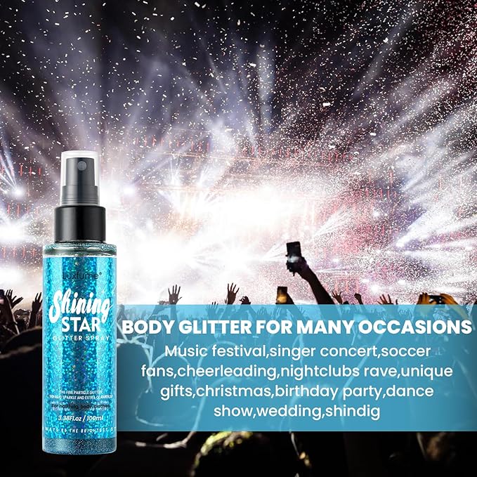 Body Glitter Spray & Glitter Hairspray - Ultra Shiny, Long - Lasting, Quick - Dry & Waterproof. Clog - Resistant Nozzle. Perfect for Parties, Dances and All Glamourous Occasions Bule
