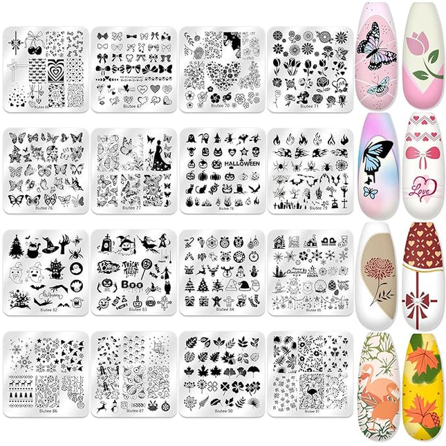 Biutee Nail Stamping Plate 20Pcs Nail Stamper Kit 16Pcs Nail Art Stamping Plates with Silicone Stamper, Scraper & Storage Bag, Stamp Plates Star Plaid Love Leaf Template Valentine Design Gift