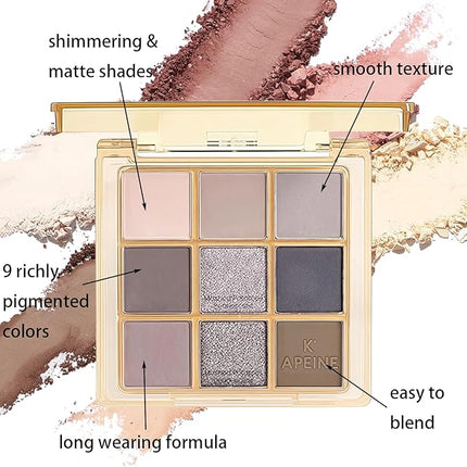K'APEINE Nude Neutral Eyeshadow Palette, 9Colors Brown Matte Metallic Shimmer Finish Makeup Palette Ultra-Blendable Neutrals Eye Shades Travel Makeup Long Lasting for Women Daily, Parties-LG4
