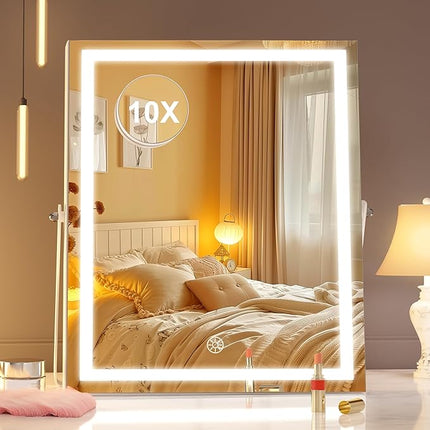 Hasipu Vanity Mirror with Lights, 11.4" x 13.8" LED Makeup Mirror with 10X Magnification, Smart Touch 3 Colors Dimmable, Brightness Adjustment, 360° Rotation, White