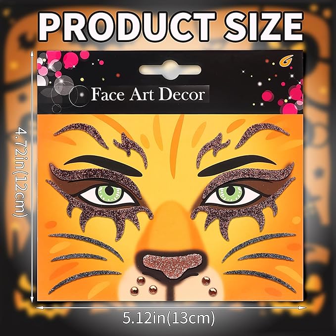 Face Stickers Gems Halloween Temporary Tattoo Sticker Animals Face Sticker Decal Body Face Self-adhesive Sticker Stage Makeup Party Cosplay Decoration 2pcs (lion)