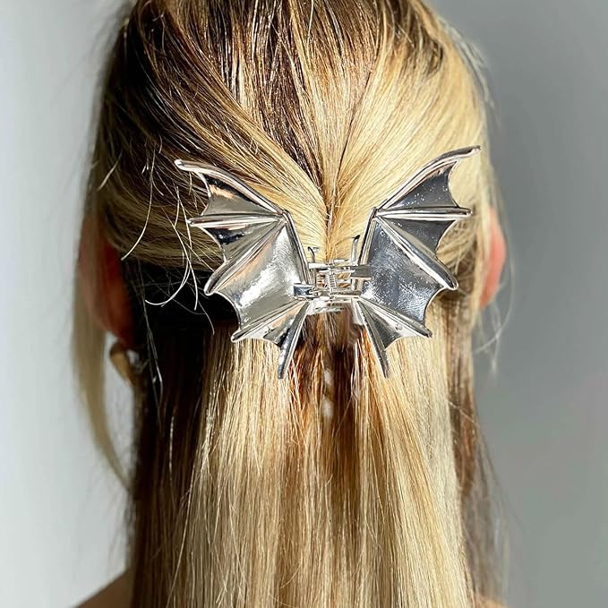 2Pcs Halloween Hair Claw Clips Black and Silver Bat Hair Styling Accessories for Women Girls, Gothic Large Medium Size Catch Clips for thick Hair Holiday Gifts ﻿