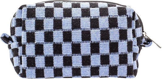 PAZIMIIK Checkered Makeup Bag for Purse Portable Zipper Make Up Pouch Small Cosmetic Case for Travel Accessories (Blue Black)