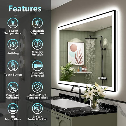 40x30 Black Framed LED Bathroom Mirror with Lights, Backlit + Front Lit, Anti-Fog Lighted Vanity Mirror for Bathroom Wall with 3 Colors, Dimmable, Memory, Tempered Glass, Horizontal/Vertical