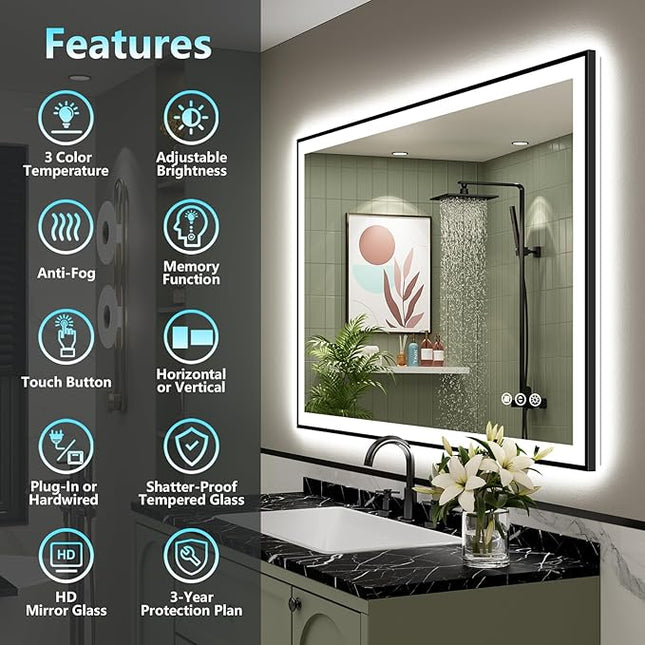 48x30 Black Framed LED Bathroom Mirror with Lights, Backlit + Front Lit, Anti-Fog Lighted Vanity Mirror for Bathroom Wall with 3 Colors, Dimmable, Memory, Tempered Glass, Horizontal/Vertical