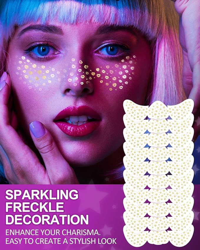 Face Glitter Freckles, Gold Glitter Freckles Face Tattoo Makeup Patches, Lips Speckles Sparkle Freckles Beauty Face Freckles Waterproof Fake Freckle for Holiday Dance Music Party Makeup 10 Count