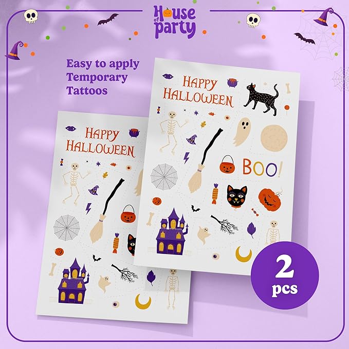 HOUSE OF PARTY Glow in the Dark Tattoos for Kids - Pack of 72 - Halloween Temporary Tattoos - Non-Toxic Waterproof Stickers for Boys and Girls Ideal for Halloween Tatoos Party Favors and Decorations!