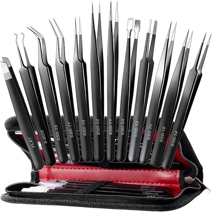 Antonki 12 Pack Precision Tweezers Set for Craft, Soldering, Jewelry, Facial Hair, Eyebrow, Ingrown Hair Removal, Eyelash Extension- with Case