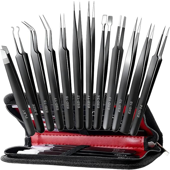 Antonki 12 Pack Precision Tweezers Set for Craft, Soldering, Jewelry, Facial Hair, Eyebrow, Ingrown Hair Removal, Eyelash Extension- with Case