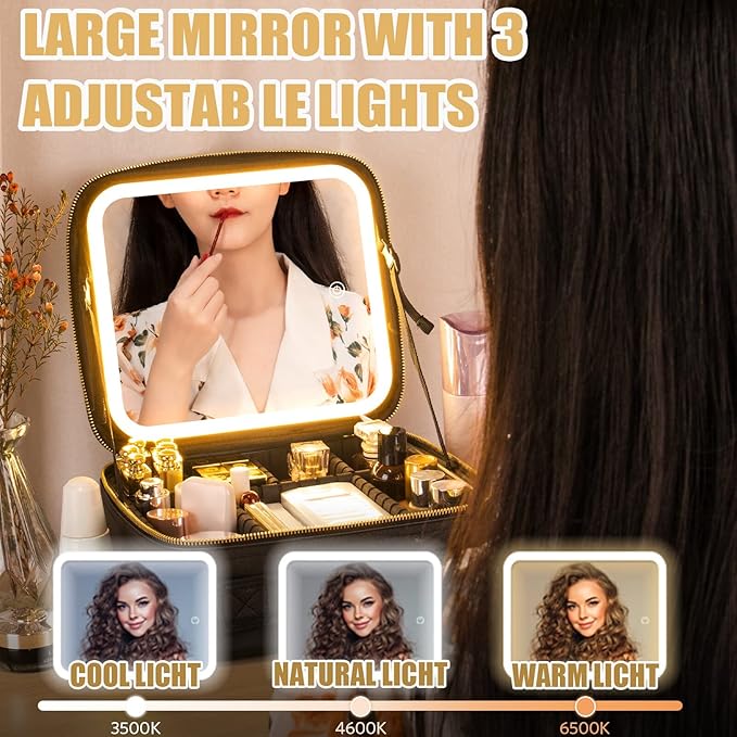 Seoneiro Makeup Travel Bag with LED Lighted Mirror Adjustable Brightness Portable Waterproof Makeup Case with Adjustable Dividers, Make up Train Case Organizer Makeup Brush Accessories and Tool Case