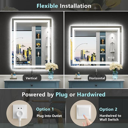 24x32 LED Bathroom Mirror with Lights, Backlit and Front Lit, Anti-Fog Lighted Vanity Mirrors for Bathroom Wall, Dimmable, 3-Color Light, Memory, Shatter-Proof, HD Tempered Glass, CRI＞90