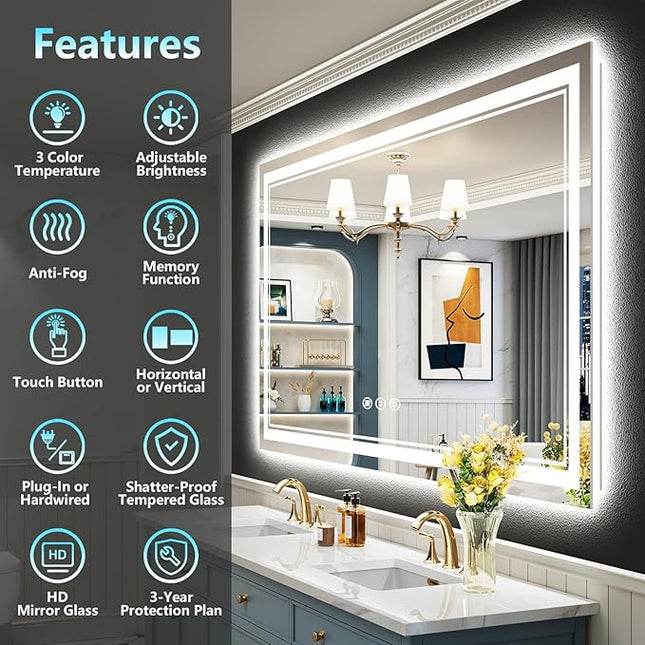 55x40 LED Bathroom Mirror with Lights, Backlit + Front Lit, Anti-Fog Lighted Vanity Mirrors for Bathroom Wall, Dimmable, 3-Color Light, Memory, Shatter-Proof, HD Tempered Glass, CRI＞90