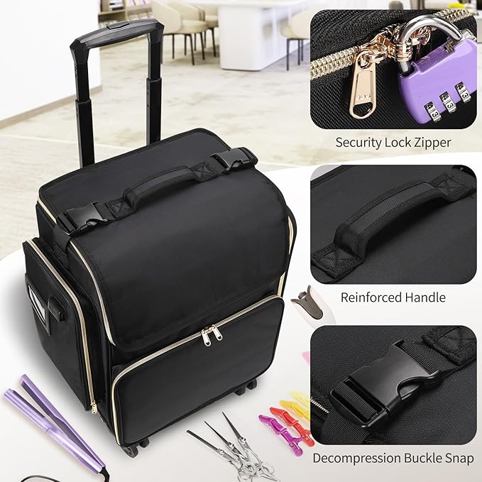OCHEAL Hairstylist Traveling Case with 4 Clear Travel Makeup Bags Set, Cosmetic Makeup Trolley Train Case Hairdresser Case with Detachable Pouch & 360° Rotatable Wheels for HairdressingTool Organizer