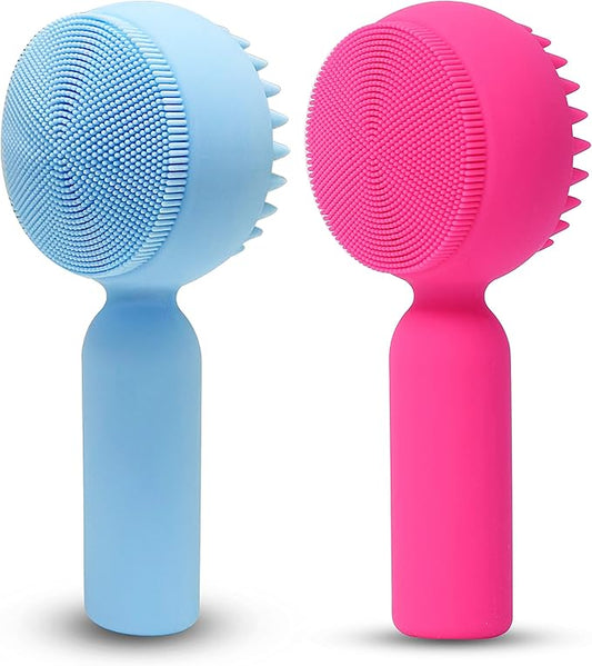 2 PC Silicone Facial Cleansing Brush 2 in 1 Facial Scrubber Manual Exfoliating Facial Brush Face Cleanser Face Exfoliator Ultrafine Bristles for Sensitive Skin Easy to Clean Lather Well(Blue&Rosered)