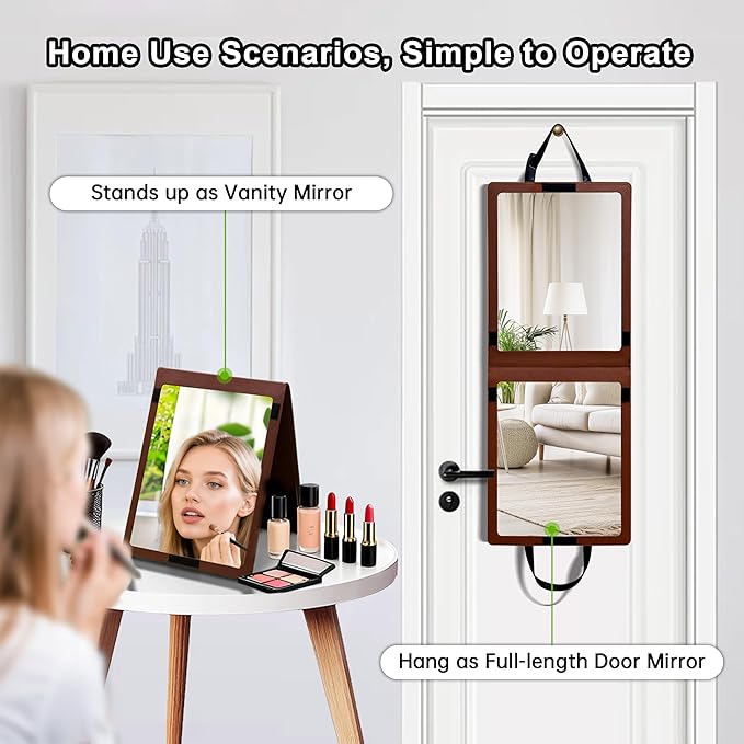 33“ x 13” Foldable Travel Mirror, Hanging Shatterproof Full Length Mirror for Makeup, Camping, RV Travel, Dorm Room, Portable Dance Practice Mirrors - Brown