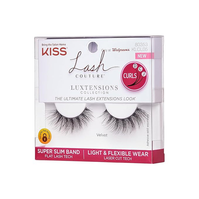 KISS Lash Couture LuXtensions Collection False Eyelashes, Flat Lash Technology, Super Slim Lash Band, Real Lash Extension Fibers, Reusable, Style ‘Velvet', 12mm, 1 Pair Strip Lashes
