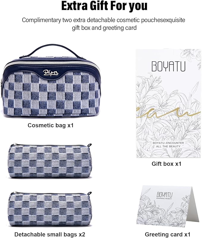 BOYATU Travel Makeup Bag for Women: Large Cosmetic Bag Set of 3 - PU Leather Make up Bag with Compartments - Compact Waterproof Toiletry Bag with Divider & Handle (C-05Deep Blue)