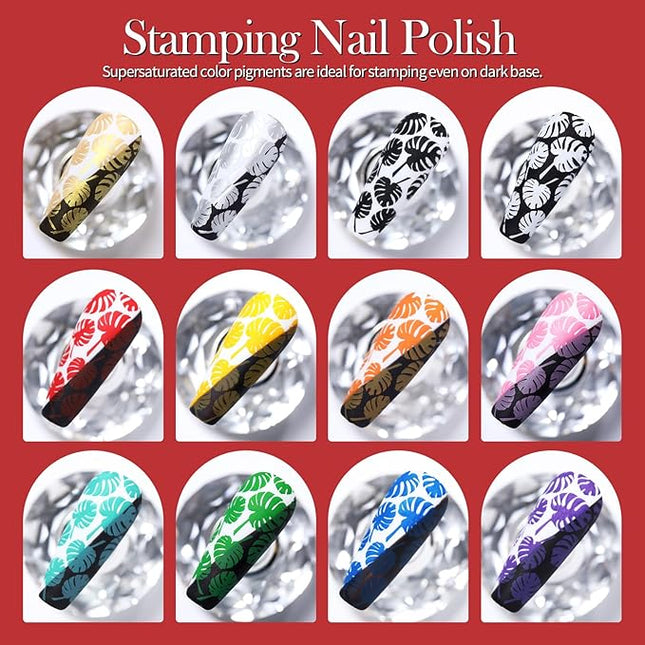 Born Pretty Nail Stamping Polish, Fingernail Stamp Polish Set Manicure Print Nail Polish for Plates 12 Colors Bulk Gift Collection 10ml 0.34fl oz Ideal Gifts