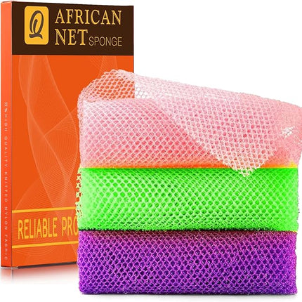 UJFQBH 3 Pieces African Bath Sponge African Net Long Net Bath Sponge Exfoliating Shower Body Scrubber Back Scrubber Skin Smoother,Great for Daily Use (Purple， Pink，Green)