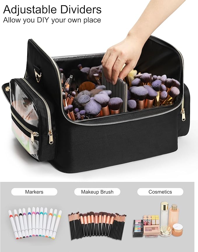 Makeup Brush Case Stand-up Cosmetic Bag Extra Large Makeup Artist Bag Travel Cosmetic Brush Holder Artist Storage Bag Organizer Box with Adjustable Dividers (07-Black（XXX Large）)