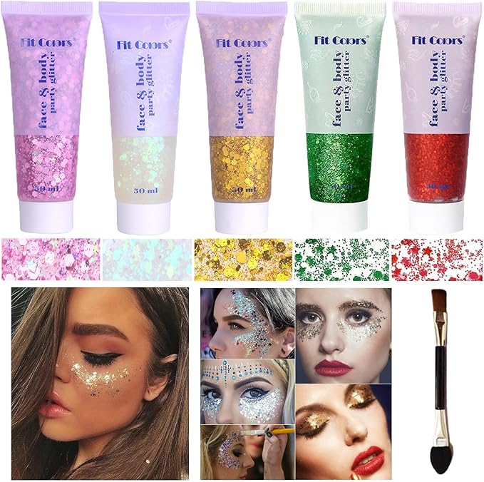 Body Glitter Face Glitter Gel: Singer Concerts Disco Festival Rave Accessories Face Glitter Makeup 150ml Chunky Sequins Mermaid Face Body Hair Glitter Gel (White&Pink&Gold&Green&Red)