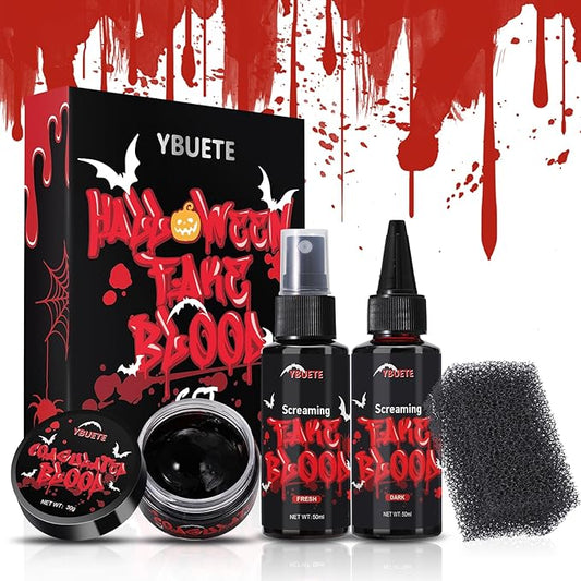Halloween Fake Blood Makeup Kit, Realistic Washable SFX Makeup Kit with Fake Blood Spray Dripping Blood and Coagulated Gel Blood for Halloween Face Paint Zombie Monster Mouth Clothes Dress Up