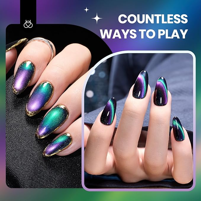 Beetles Cat Eye Gel Nail Polish - 15ML 9D Chameleon Cat Eye Green Purple Double Magic Colors Gel Polish with Magnet Soak Off UV Velvet Gel Galaxy Drift Collection Nail Art Design Gift for Women
